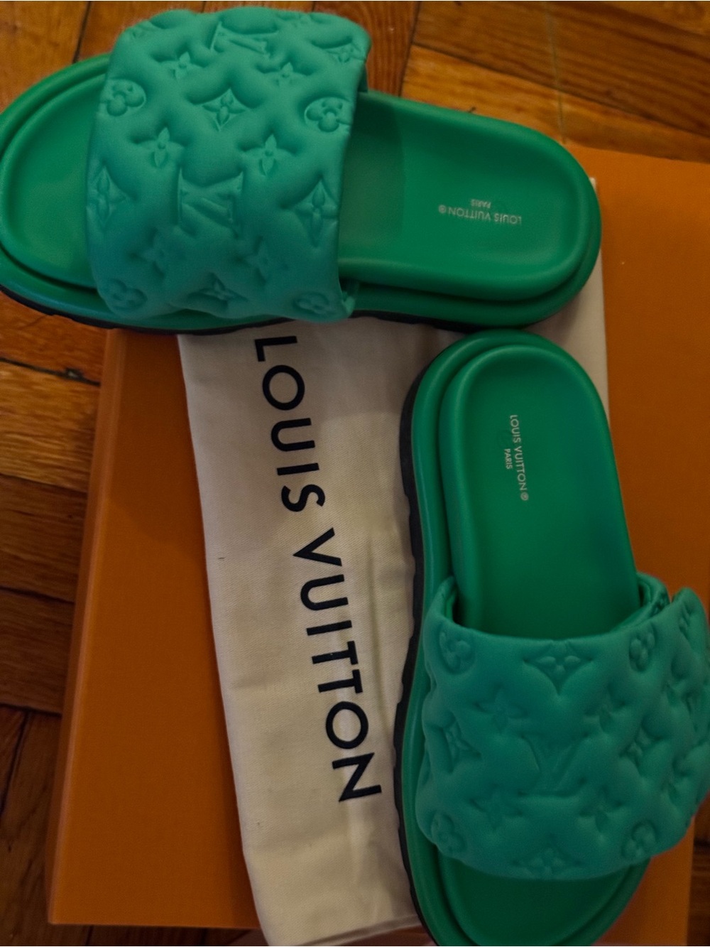 Louis Vuitton Teal Green Monogram Slide Sandals